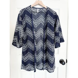 Xhilaration Navy White Crochet Sheer Caftan Open Front Cover Up Cardigan M - L